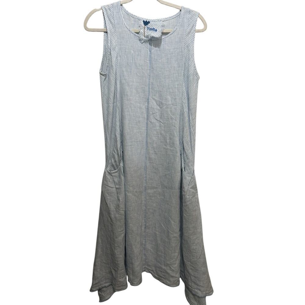 Yuvita Midi Dress Round Neck Striped Print Blue White Size Small